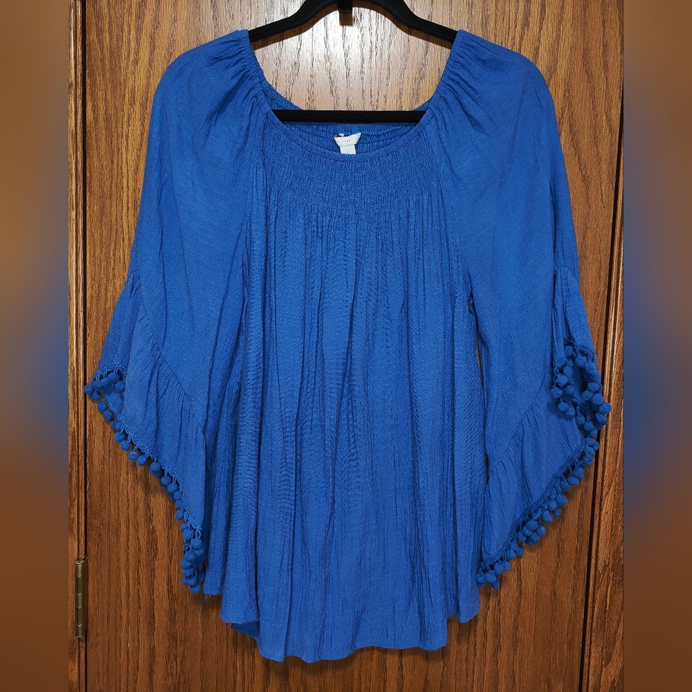 Boho Pom-Pom Sleeve Peasant Blouse - Royal Blue